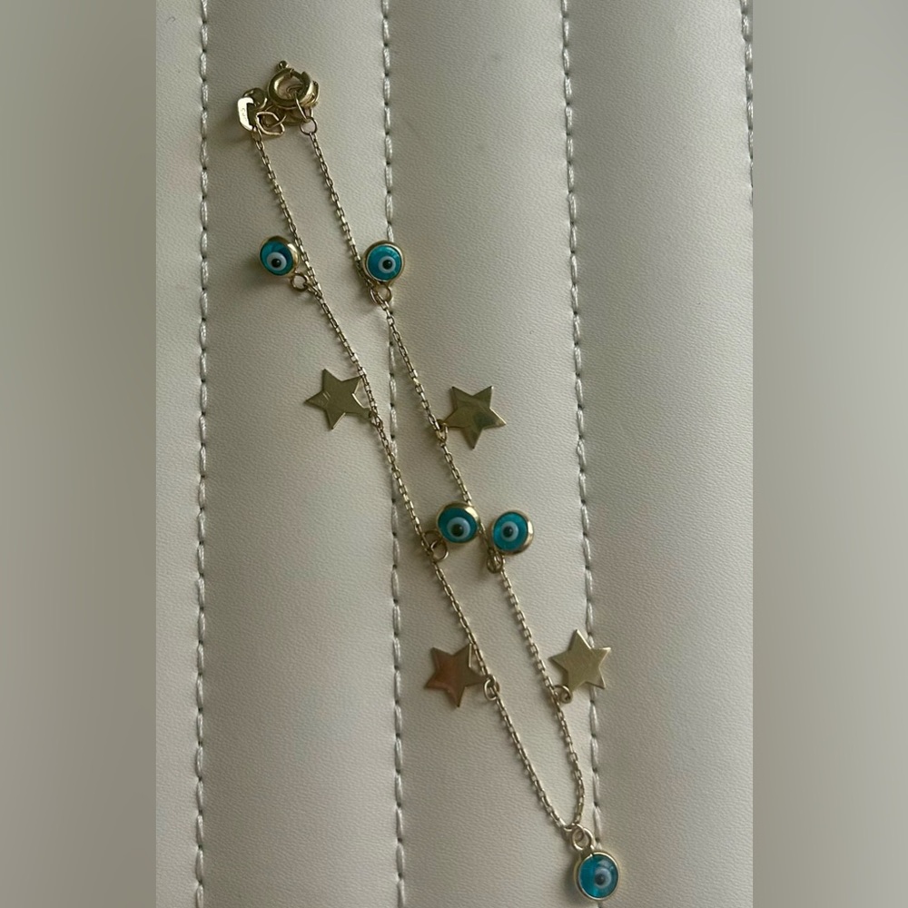 14K Yellow Gold Star and Evil Eye Charm Bracelet